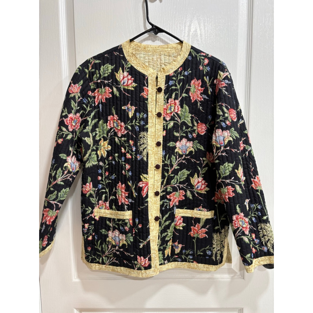 Grandmacore Sweet Lily Floral Frenzy Quilted Button Front Jacket, Medium